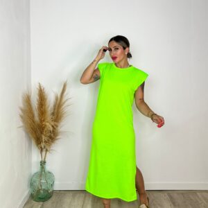 Vestido largo hombreras flúor